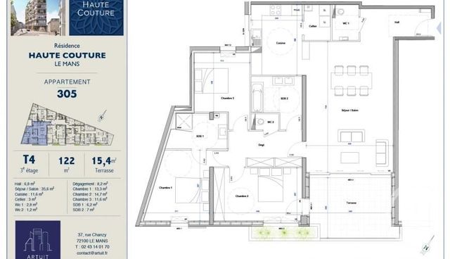 Agrandir la photo Appartement F4 à vendre - 4 pièces - 122 m2 - Le Mans - 72 - PAYS-DE-LOIRE