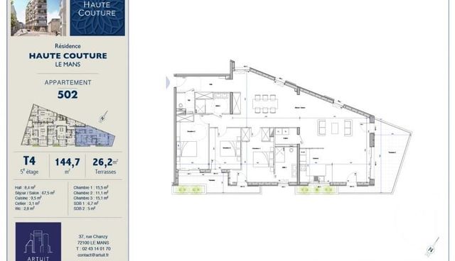 Appartement F4 à vendre - 4 pièces - 144,70 m2 - Le Mans - 72 - PAYS-DE-LOIRE